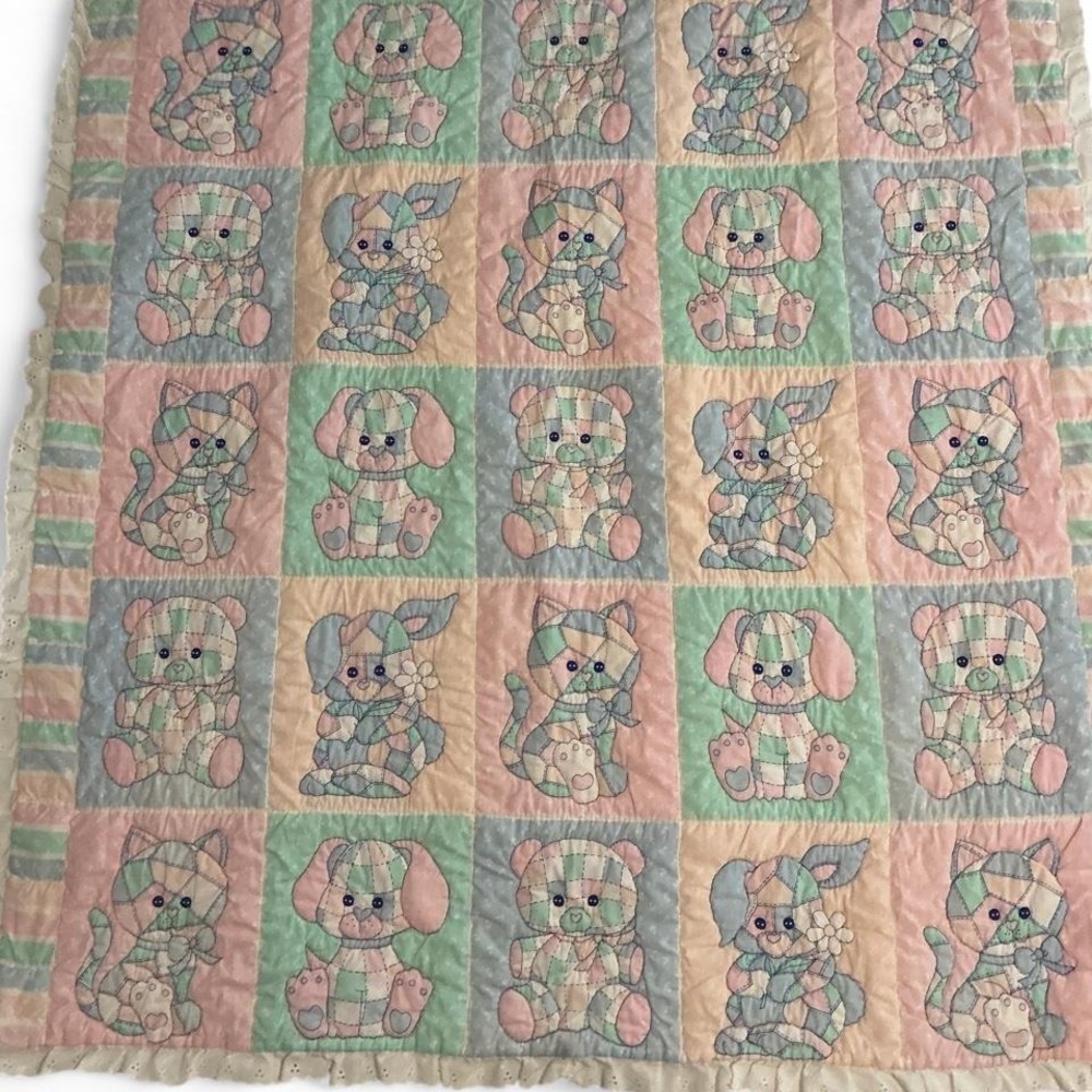 Unbranded Quilted Baby Blanket Kids OS Multicolor Excellent Vintage Animals Lace
